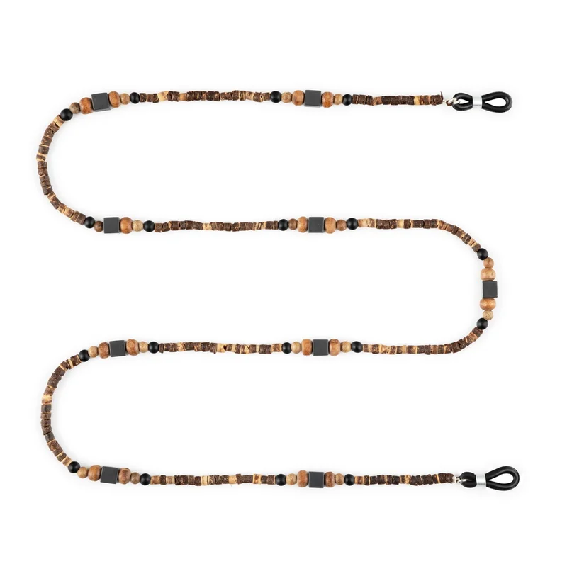 Minza Minza “Timber” Unisex Eyewear Chain, Coconut Wood, Natural Wood, Onyx & Hematite, Handmade Glasses Chain for Sunglasses & Eyeglasses, Earth-Tone Minimalist Eyewear Accessory.