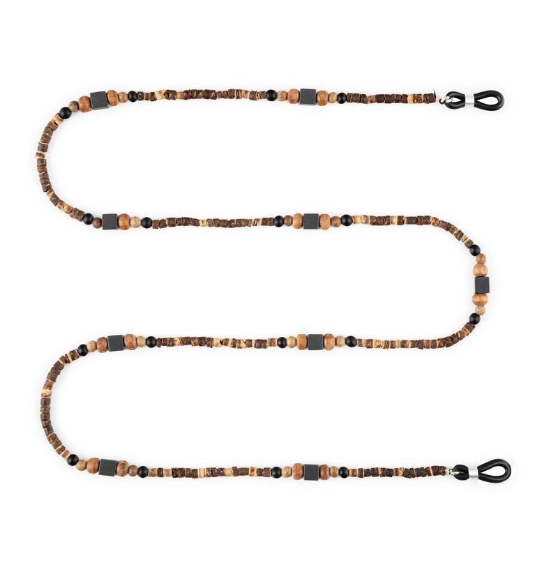 Minza “Timber” Unisex Eyewear Chain, Coconut Wood, Natural Wood, Onyx & Hematite, Handmade Glasses Chain for Sunglasses & Eyeglasses, Earth-Tone Minimalist Eyewear Accessory. - Image 1