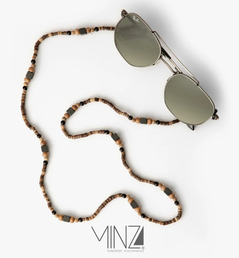 Minza Minza “Timber” Unisex Eyewear Chain, Coconut Wood, Natural Wood, Onyx & Hematite, Handmade Glasses Chain for Sunglasses & Eyeglasses, Earth-Tone Minimalist Eyewear Accessory.