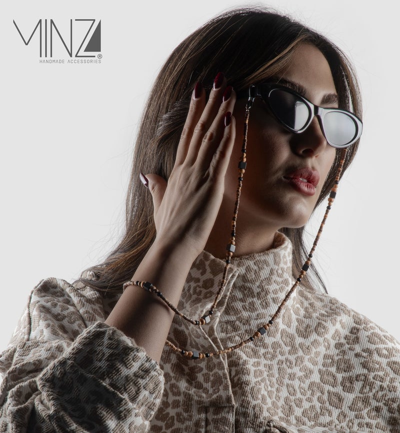 Minza “Timber” Unisex Eyewear Chain, Coconut Wood, Natural Wood, Onyx & Hematite, Handmade Glasses Chain for Sunglasses & Eyeglasses, Earth-Tone Minimalist Eyewear Accessory. - Image 4
