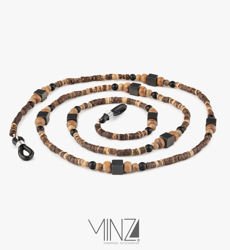 Minza “Timber” Unisex Eyewear Chain, Coconut Wood, Natural Wood, Onyx & Hematite, Handmade Glasses Chain for Sunglasses & Eyeglasses, Earth-Tone Minimalist Eyewear Accessory. - Image 5