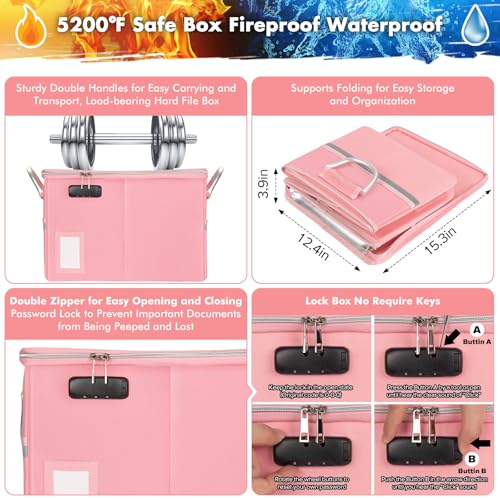 TOMKID 5200F Fireproof Document Box Fire Important Document Organizer with Lock Upgraded Heat Insulated Filing Storage Cabinet Office Organization 5200F Fireproof Box Pink - Image 3