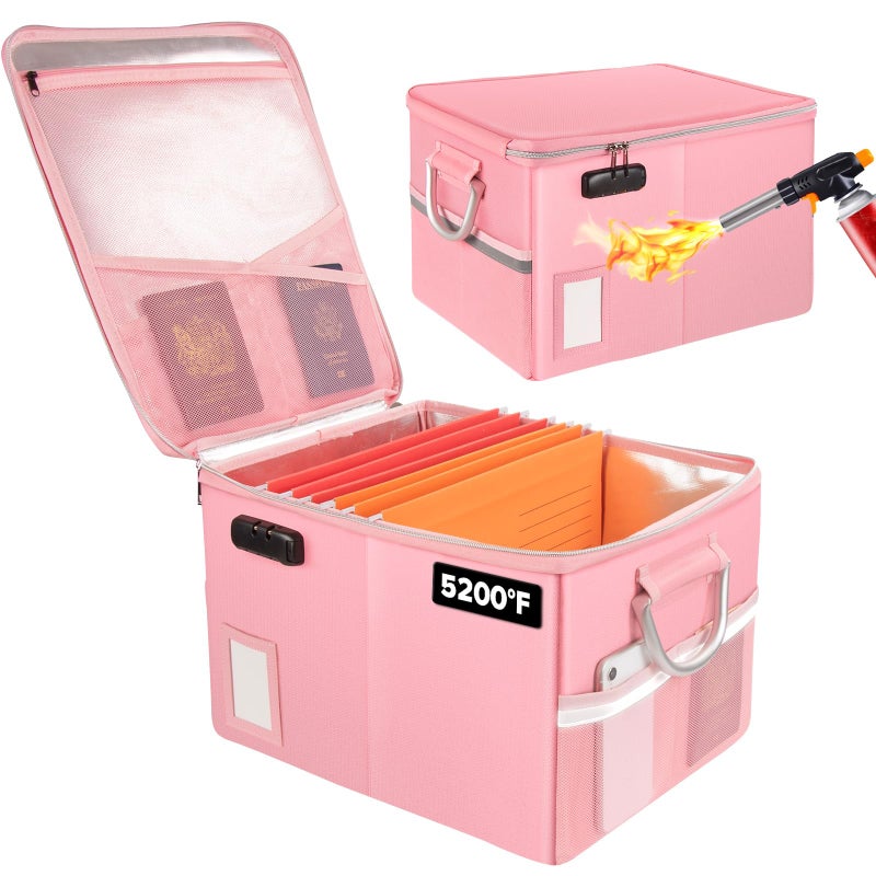 TOMKID 5200F Fireproof Document Box Fire Important Document Organizer with Lock Upgraded Heat Insulated Filing Storage Cabinet Office Organization 5200F Fireproof Box Pink - Image 2