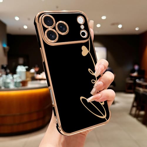 LCHULLE Compatible with iPhone 17 Pro Max Case for Women Girls, Cute Luxury Plating Love Heart Design Soft TPU Cover Shockproof Full Camera Lens Protection Phone Case for iPhone 17 Pro Max, Black - Image 2