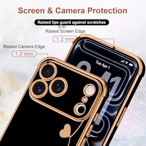 LCHULLE Compatible with iPhone 17 Pro Max Case for Women Girls, Cute Luxury Plating Love Heart Design Soft TPU Cover Shockproof Full Camera Lens Protection Phone Case for iPhone 17 Pro Max, Black - Image 4