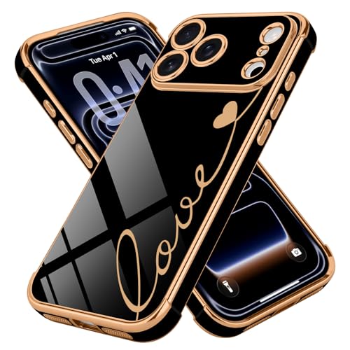 LCHULLE Compatible with iPhone 17 Pro Max Case for Women Girls, Cute Luxury Plating Love Heart Design Soft TPU Cover Shockproof Full Camera Lens Protection Phone Case for iPhone 17 Pro Max, Black - Image 1