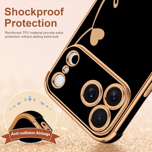 LCHULLE Compatible with iPhone 17 Pro Max Case for Women Girls, Cute Luxury Plating Love Heart Design Soft TPU Cover Shockproof Full Camera Lens Protection Phone Case for iPhone 17 Pro Max, Black - Image 3