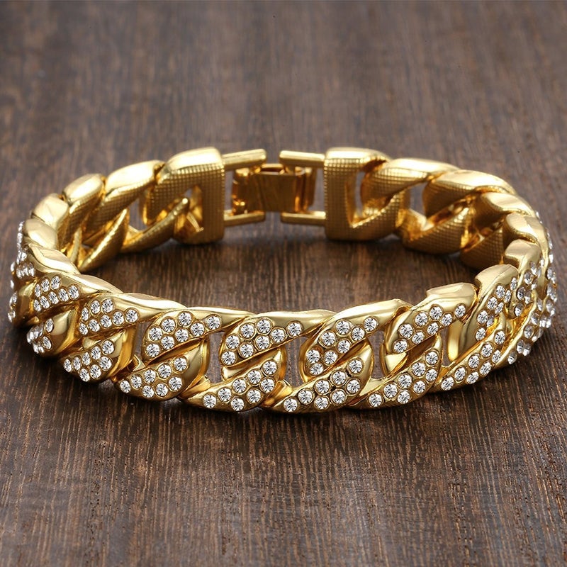 Wikavanli Mens Womens Cuban Link Bracelet Hip Hop Bracelet Stainless Steel Chain Bracelet Iced Out Curb Cuban 18k Gold Plated Bracelet With Clear Rhinestones (A-Gold) - Image 3