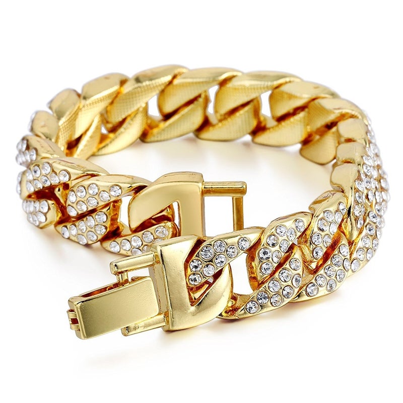 Wikavanli Mens Womens Cuban Link Bracelet Hip Hop Bracelet Stainless Steel Chain Bracelet Iced Out Curb Cuban 18k Gold Plated Bracelet With Clear Rhinestones (A-Gold) - Image 1