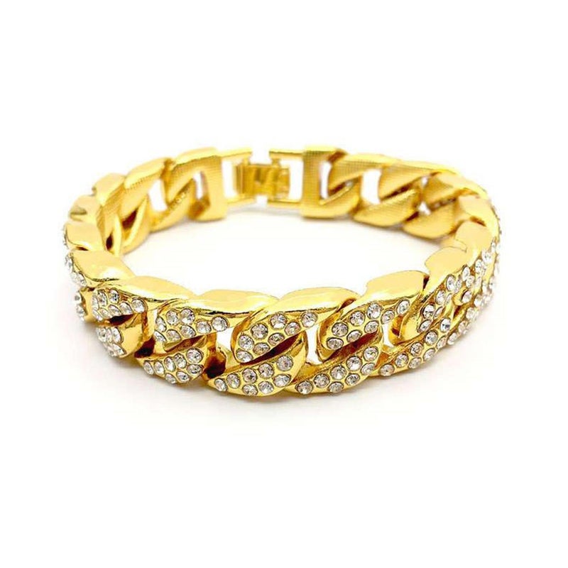 Wikavanli Mens Womens Cuban Link Bracelet Hip Hop Bracelet Stainless Steel Chain Bracelet Iced Out Curb Cuban 18k Gold Plated Bracelet With Clear Rhinestones (A-Gold) - Image 4