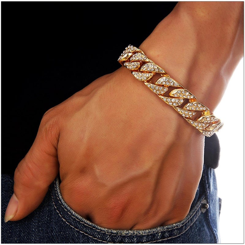 Wikavanli Mens Womens Cuban Link Bracelet Hip Hop Bracelet Stainless Steel Chain Bracelet Iced Out Curb Cuban 18k Gold Plated Bracelet With Clear Rhinestones (A-Gold) - Image 2
