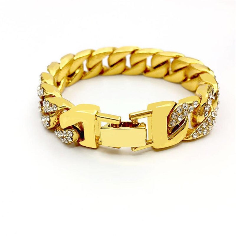 Wikavanli Mens Womens Cuban Link Bracelet Hip Hop Bracelet Stainless Steel Chain Bracelet Iced Out Curb Cuban 18k Gold Plated Bracelet With Clear Rhinestones (A-Gold) - Image 5