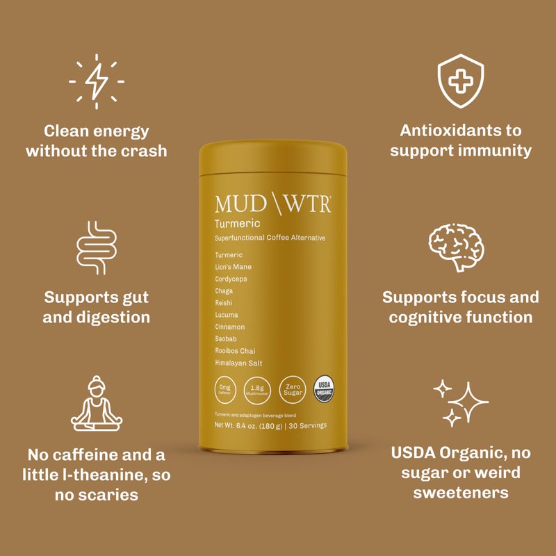MUD\WTR Turmeric Decaf Mushroom Drink | Zero Caffeine | USDA Organic Mushroom Coffee Alternative | USA Grown | Focus & Immunity Support | Lion's Mane, Chaga, Reishi, Cordyceps | 30 Servings - Image 2