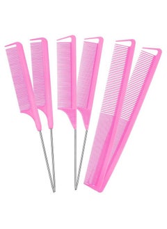 Patelai 6 Pieces Parting Comb Rat Tail Hair Comb Cutting Comb Set Pintail Comb Carbon Fiber Teasing Comb Styling Comb With Stainless Steel Handle For Braids Salon Home Supplies (Pink)  - Image 2