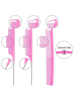 Patelai 6 Pieces Parting Comb Rat Tail Hair Comb Cutting Comb Set Pintail Comb Carbon Fiber Teasing Comb Styling Comb With Stainless Steel Handle For Braids Salon Home Supplies (Pink)  - Image 3
