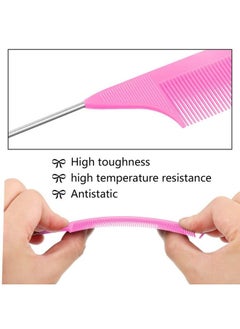 Patelai 6 Pieces Parting Comb Rat Tail Hair Comb Cutting Comb Set Pintail Comb Carbon Fiber Teasing Comb Styling Comb With Stainless Steel Handle For Braids Salon Home Supplies (Pink)  - Image 4