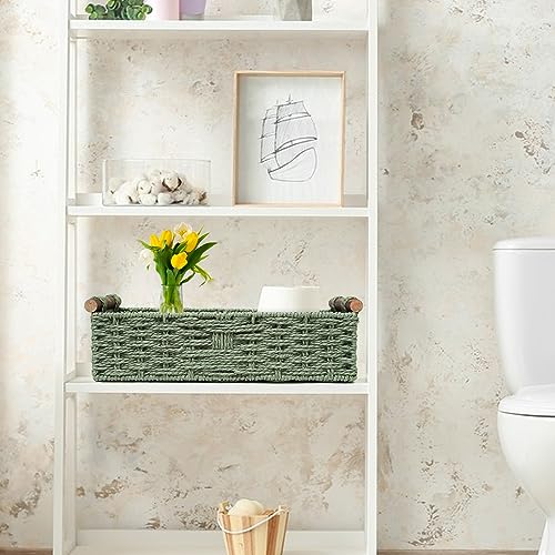 STOBSK Round Paper Rope Storage Basket Wicker Baskets for Organizing with Handle Decorative Storage Bins for Countertop Toilet Paper Basket for Toilet Tank Top Small Baskets , Green - Image 4