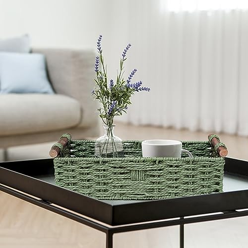 STOBSK Round Paper Rope Storage Basket Wicker Baskets for Organizing with Handle Decorative Storage Bins for Countertop Toilet Paper Basket for Toilet Tank Top Small Baskets , Green - Image 2
