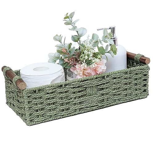 STOBSK Round Paper Rope Storage Basket Wicker Baskets for Organizing with Handle Decorative Storage Bins for Countertop Toilet Paper Basket for Toilet Tank Top Small Baskets , Green - Image 1