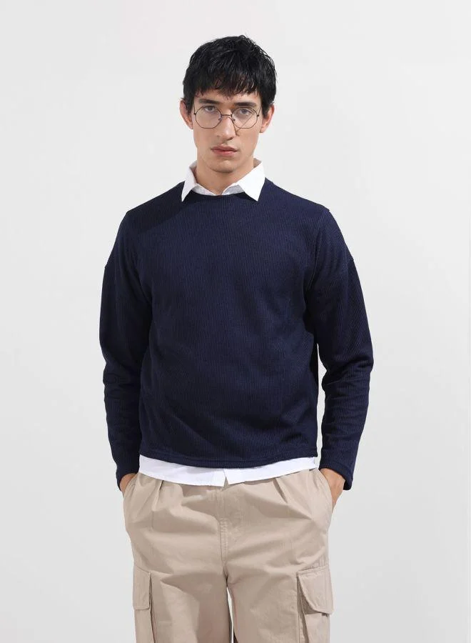 شركة المرآب الهندية Men Boxy Fit Textured Crew Neck Full Sleeves T-Shirt