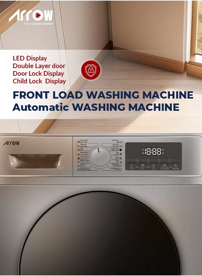 Arrow 10KG Front loading Automatic Washing Machine, 1400rpm Max. Spin Speed, 16 Programs, Dark Silver Color, Auto Balance System, Child Lock, Fault Check, LED Display, BLDC Motor | Model Name: RO-11FWTS-01  - Image 4