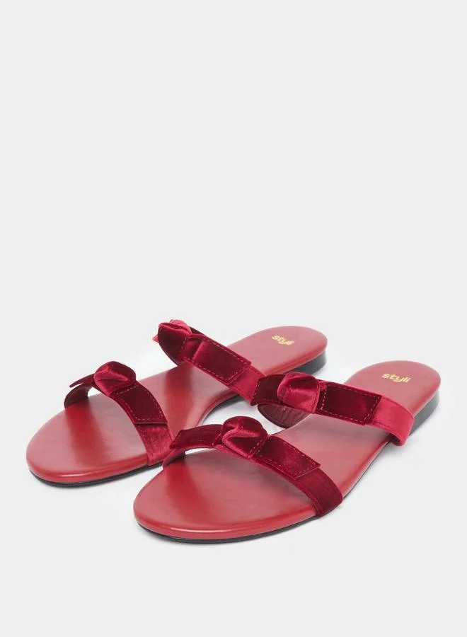 ستايلي Styli Burgundy Bow Accent Flat Sandals