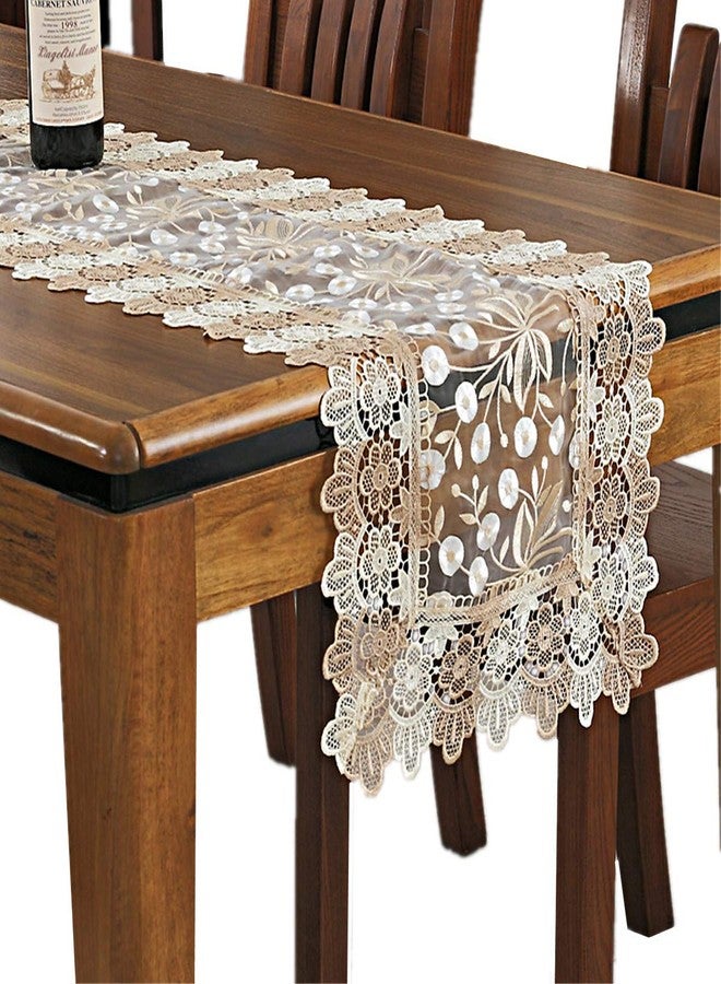 Dimatic Lace Floral Embroidery Table Runner, Polyester Rectangle Transparent Dresser Scarf for Home Dining Room Tabletop Decoration, 16 x 35 Inches, Beige - Image 2