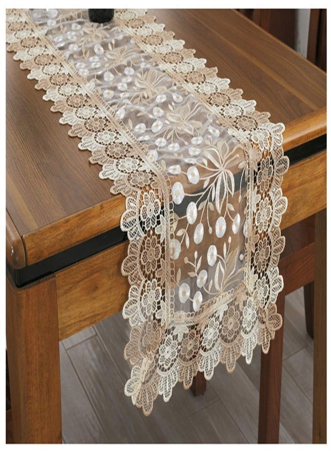 Dimatic Lace Floral Embroidery Table Runner, Polyester Rectangle Transparent Dresser Scarf for Home Dining Room Tabletop Decoration, 16 x 35 Inches, Beige - Image 3