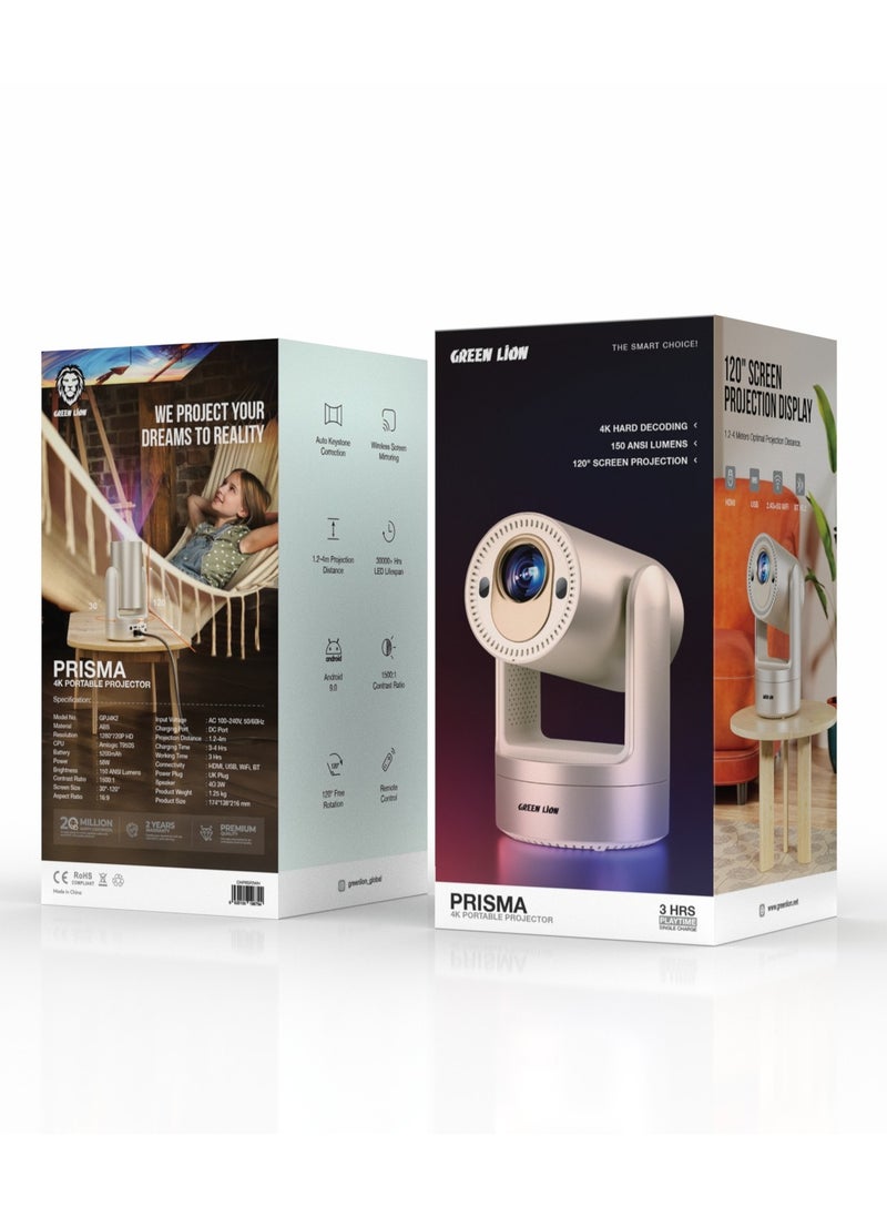 جرين ليون - جهاز عرض محمول Prisma 4K بشاشة مقاس 120 بوصة / Android / HDMI / USB / WiFi / BT / انعكاس الشاشة لاسلكيًا / جهاز التحكم عن بعد / الدوران / الألعاب / المسرح المنزلي / الأفلام / الأعمال والتعليم - أبيض - Image 1