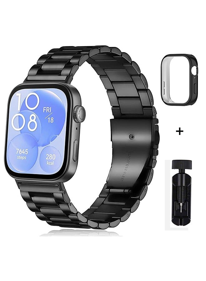S-Color Straps Compatible with Huawei Watch Fit 3 Strap, Replacement Bands Metal Stainless Steel Business Wristband with Watch Protective Case Cover for Huawei Fit 3 Band Men Women - Image 1