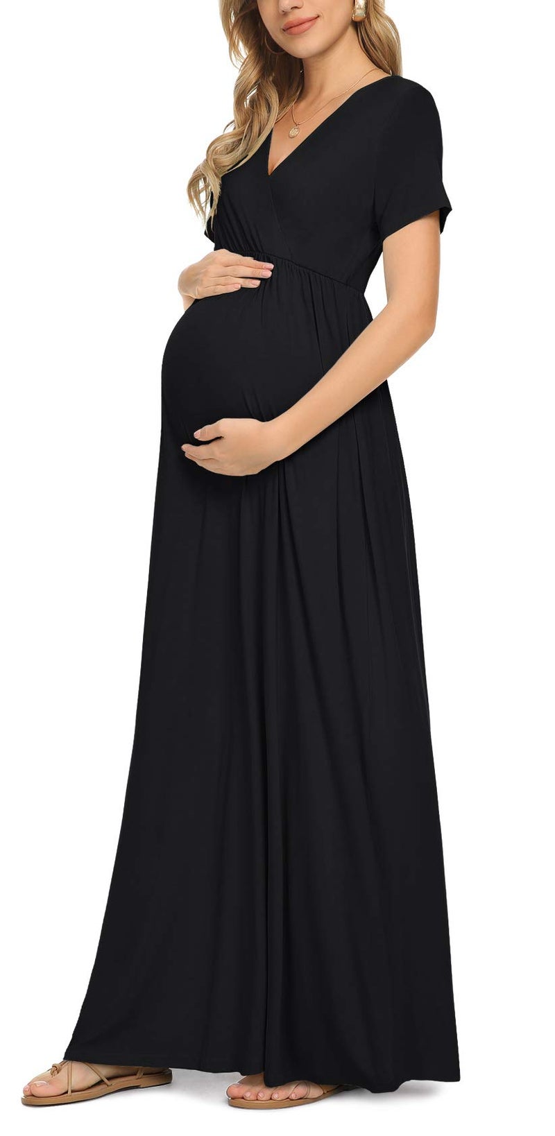 Xpenyo Maternity Dresses Women's Summer Casual Short Sleeve V Neck Wrap Long Maxi Dress Pregnancy Clothes for Baby Shower, Photoshoot, Party, Daily, Nursing, Black L - Image 2