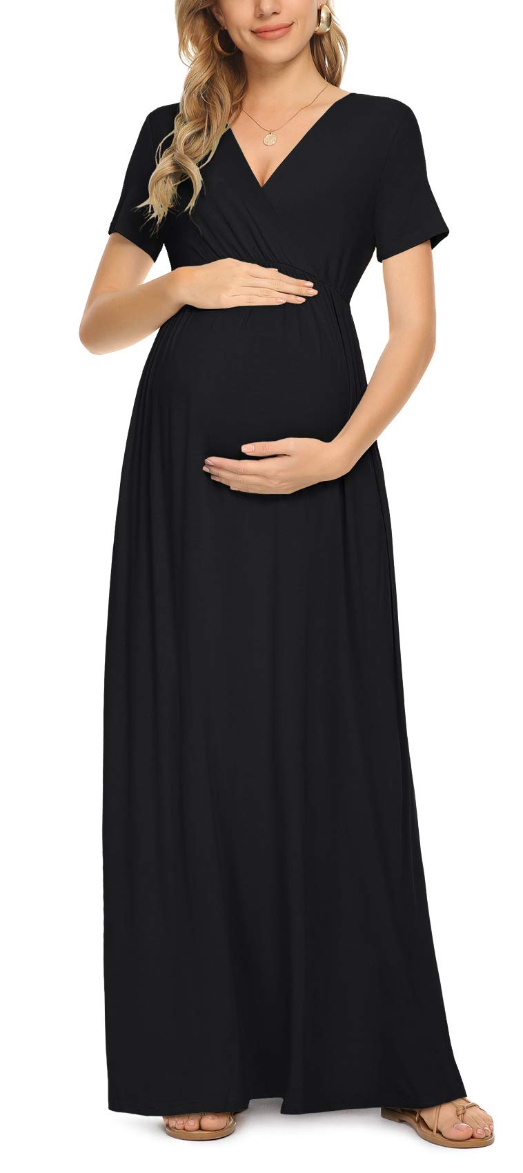 Xpenyo Maternity Dresses Women's Summer Casual Short Sleeve V Neck Wrap Long Maxi Dress Pregnancy Clothes for Baby Shower, Photoshoot, Party, Daily, Nursing, Black L - Image 1