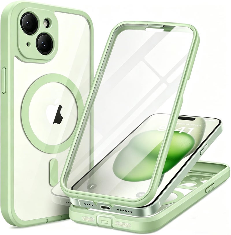 TIESZEN for iPhone 15 Case Compatible with MagSafe Builtin Screen Protector and Camera Protection Full Body Dustproof Shockproof Hard Phone Case 61 Soft Mint - Image 2