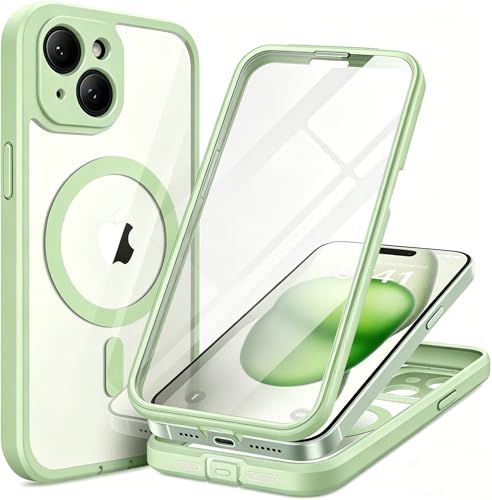 TIESZEN for iPhone 15 Case Compatible with MagSafe Builtin Screen Protector and Camera Protection Full Body Dustproof Shockproof Hard Phone Case 61 Soft Mint - Image 1