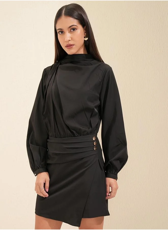 Tokyo Talkies Solid Balloon Sleeve Cowl Neck Jumpsuit with Buttons Detail by Styli