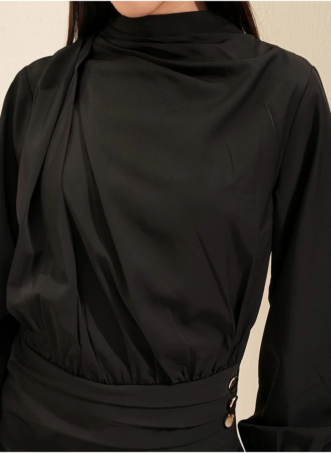 Tokyo Talkies Solid Balloon Sleeve Cowl Neck Jumpsuit with Buttons Detail by Styli