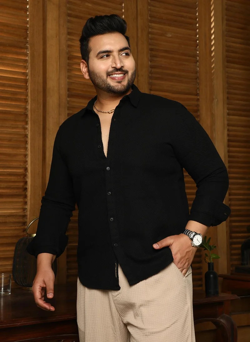 Instafab Plus  Instafab Plus Men's Midnight Black Slanted-Trough Shirt For Casual Wear | Spread Collar | Long Cuffed Sleeves | Button Closure | Plus Size Shirt Crafted With Comfort Fit For Everyday Wear for Men | Best Price UAE