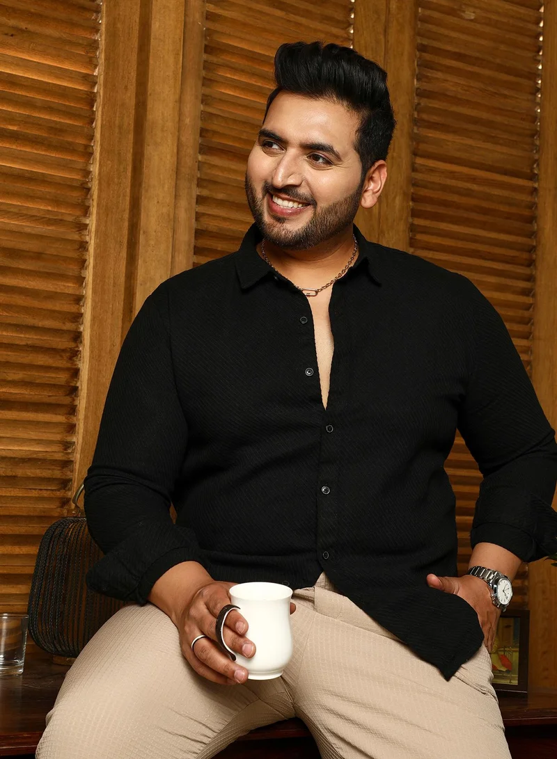 Instafab Plus Instafab Plus Men's Midnight Black Slanted-Trough Shirt For Casual Wear | Spread Collar | Long Cuffed Sleeves | Button Closure | Plus Size Shirt Crafted With Comfort Fit For Everyday Wear