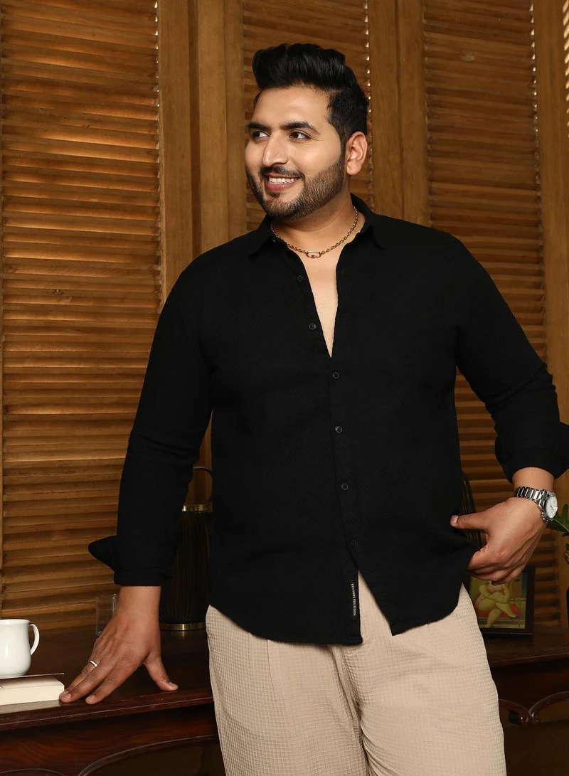 Instafab Plus Instafab Plus Men's Midnight Black Slanted-Trough Shirt For Casual Wear | Spread Collar | Long Cuffed Sleeves | Button Closure | Plus Size Shirt Crafted With Comfort Fit For Everyday Wear