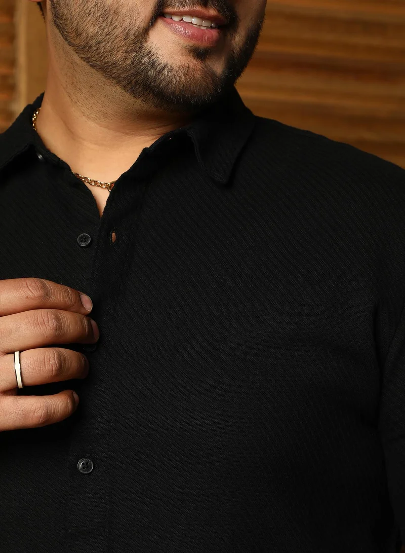 Instafab Plus  Instafab Plus Men's Midnight Black Slanted-Trough Shirt For Casual Wear | Spread Collar | Long Cuffed Sleeves | Button Closure | Plus Size Shirt Crafted With Comfort Fit For Everyday Wear for Men | Best Price UAE