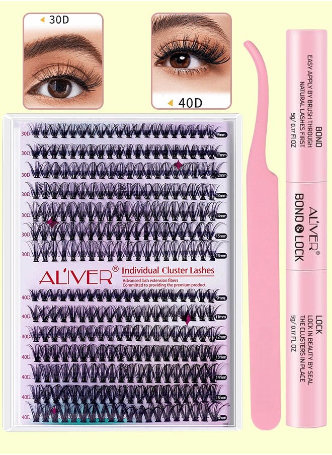 ALIVER 280 Pcs Lash Clusters, Lash Adhesive Glue & Lash Tweezer Set Eyelash Extensions Wispy False Eyelashes Lash Clusters DIY Eyelash Extensions Individual False Eyelashes for Women  - Image 1