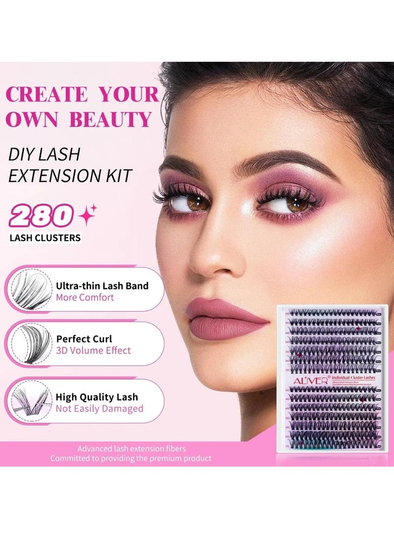 ALIVER 280 Pcs Lash Clusters, Lash Adhesive Glue & Lash Tweezer Set Eyelash Extensions Wispy False Eyelashes Lash Clusters DIY Eyelash Extensions Individual False Eyelashes for Women  - Image 3