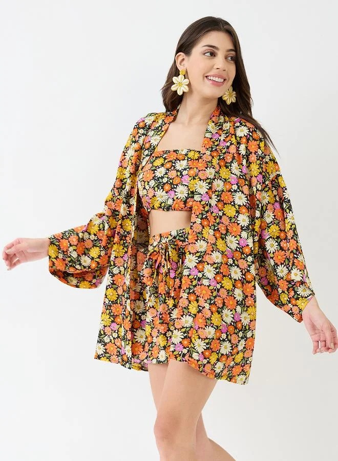 globus Globus Multi Floral Print Crop Top, Shorts and Shrug Co-Ords