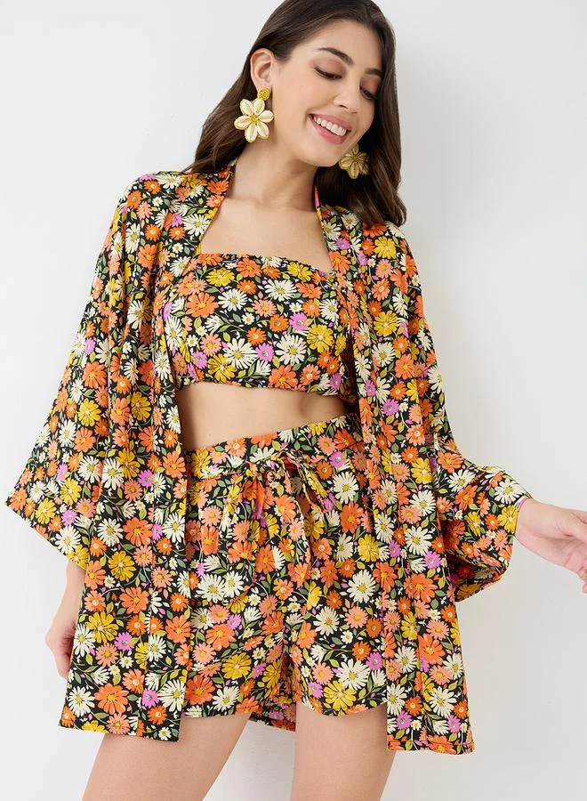 globus Globus Multi Floral Print Crop Top, Shorts and Shrug Co-Ords