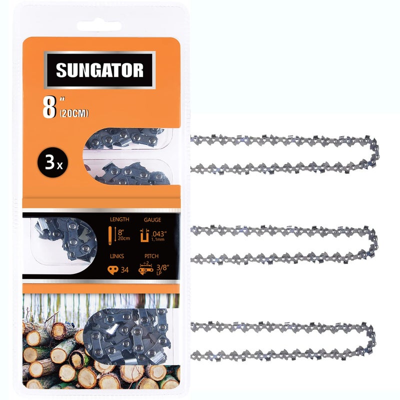 SUNGATOR 3-Pack 8 Inch Chainsaw Chain SG-R34, 3/8" LP Pitch - .043" Gauge - 34 Drive Links, Compatible with Poulan, Remington and More