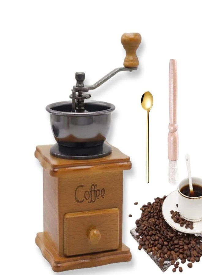 Eitonbu Wooden Manual Coffee Grinder Vintage Style Hand Coffee Mill Burr Coffee Grinder with Ceramic Hand Crank,Wooden Manual Coffee Grinder Cleaning Brush (Light Brown) - Image 1