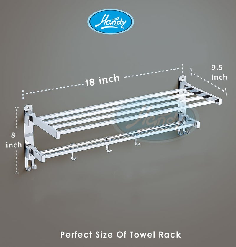 HANDY 18-Inch Stainless Steel Folding Towel Rack with Rod and Hooks | Wall Mounted Bathroom Towel Stand | Space-Saving Bathroom Accessory - Image 3