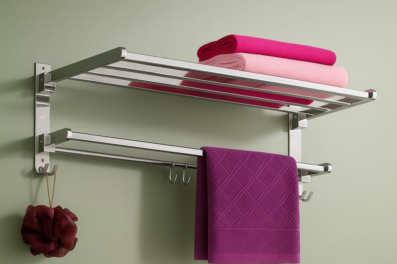 HANDY 18-Inch Stainless Steel Folding Towel Rack with Rod and Hooks | Wall Mounted Bathroom Towel Stand | Space-Saving Bathroom Accessory - Image 5