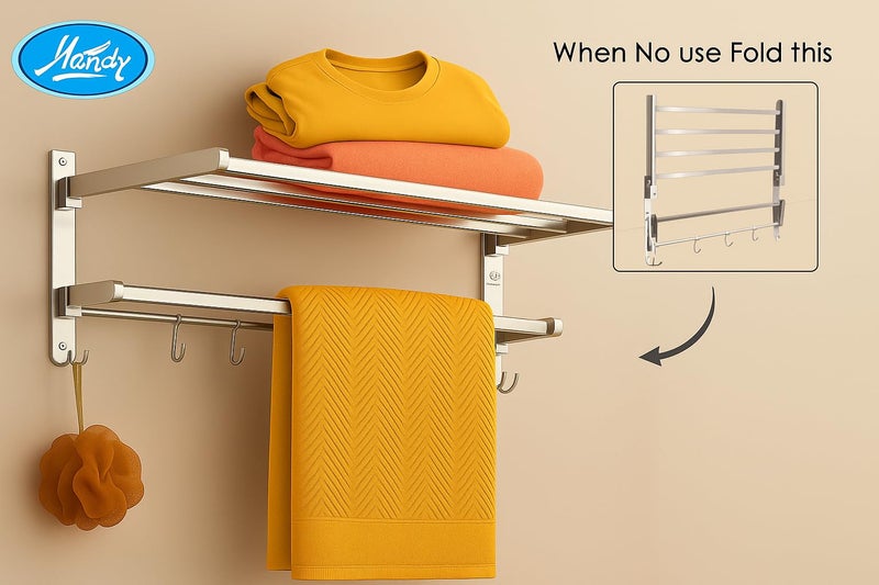 HANDY 18-Inch Stainless Steel Folding Towel Rack with Rod and Hooks | Wall Mounted Bathroom Towel Stand | Space-Saving Bathroom Accessory - Image 2