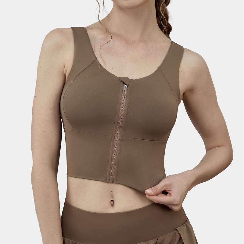 Sports Bra Cocoa Maroon FBF2237801 Naked Zipper Sports Underwear Women's High Strength Shockproof Gather-up Fitness Beautiful Back Professional Training Running Yoga Bra
